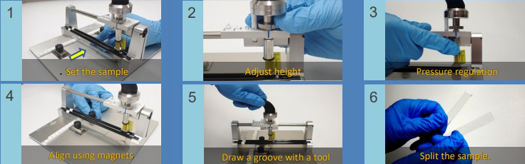 How to use the Karate Groover to cut glass or silicon wafers: Set the sample, adjust height, regulate the pressure , align using magnets, draw a groove with the tool and split the sample