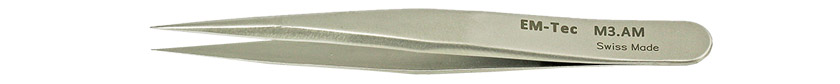 50-001130.jpg EM-Tec M3.AM high precision mini tweezers, style 3, sharp fine tips, anti-magnetic stainless steel