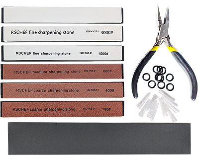 EM-Tec TRP6 Pinzettenspitzen-Reparatur und Schärfset, enthält Schleifstein 180, 400, 800, 1500 und 3000 Grid +Agate Polierstein 6000 Grit zum Schärfen der Pinzettenspitzen.<br> Waterproof sandpaper 1500 grit for deburring the tips.<br>Flachzange zum Richten und Ausrichten von Pinzettenspitzen. Pinzettenklemmring und Pinzettenschutz.