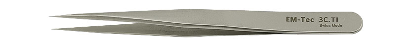 EM-Tec 3C.TI high precision tweezers, style 3C, short, very sharp fine tips, titanium