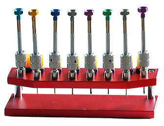 Micro-Tec S8 set with 8 precision screwdrivers and stable red anodised aluminium base, 0.6 - 1.6 mm blades
