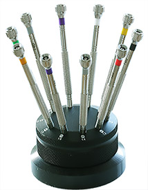 Micro-Tec SR10 set with 10 precision screwdrivers and anodised aluminium revolving base, 0.6-2.0mm blades